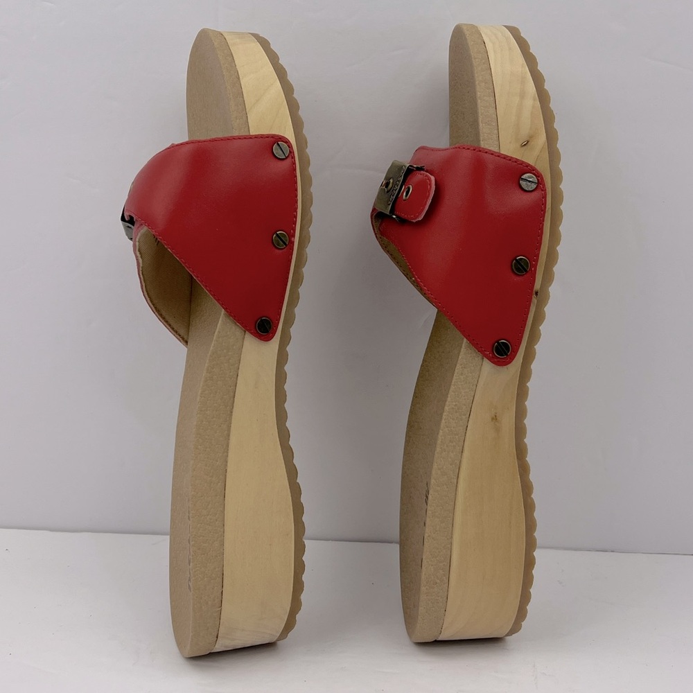 Dr Scholl’s SHOES, RED LEATHER TOP, ADJUSTABLE TOP STRAP, WOODEN SOLE, SIZE 10M - Picture 9 of 16